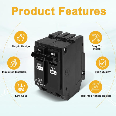 THQL2160 Circuit Breaker, 2Pole,120/240V 60 Amp 10kAIC,Plug-in Mounting Type,includes Current limiting System, Protect Circuit Safety...
