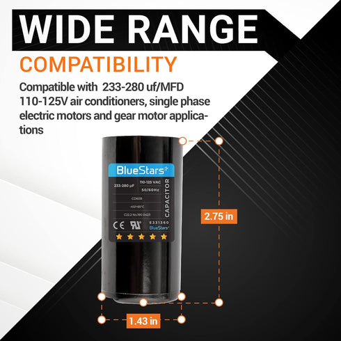 233-280 uf mfd 110-125VAC ±20% Volts Round Motor Start Capacitor 50/60 Hz AC Electric Replacement part by Blue Stars...