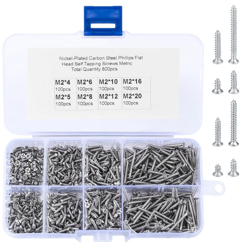 M2 Flat Head Self Tapping Screws, 800 Pcs Cross Drive Head Self Tapping Woodworking Fastener Screws, Self Drilling Screws Assortment Kit, 4/5/6/8/...
