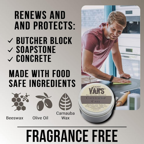 Daddy Van's® All Natural Beeswax Countertop Care for Soapstone, Slate, Concrete Composite and Butcher Block Counter Tops - Food Safe, Chemical-Fre...