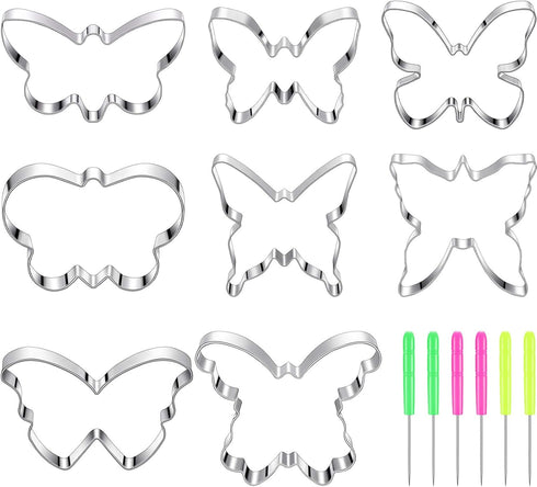 8 Pieces Butterfly Cookie Cutter Set Stainless Steel Metal Biscuit Cutter Mould and 6 Pieces Sugar Stirring Pins for Sandwich Chocolate Fondant Bi...