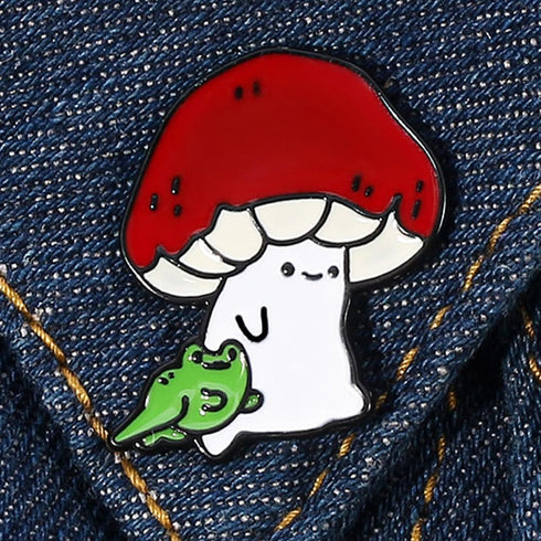 Lovely Mushroom and Frog Enamel Brooch Pin - Charming Lapel Pins Jewelry...