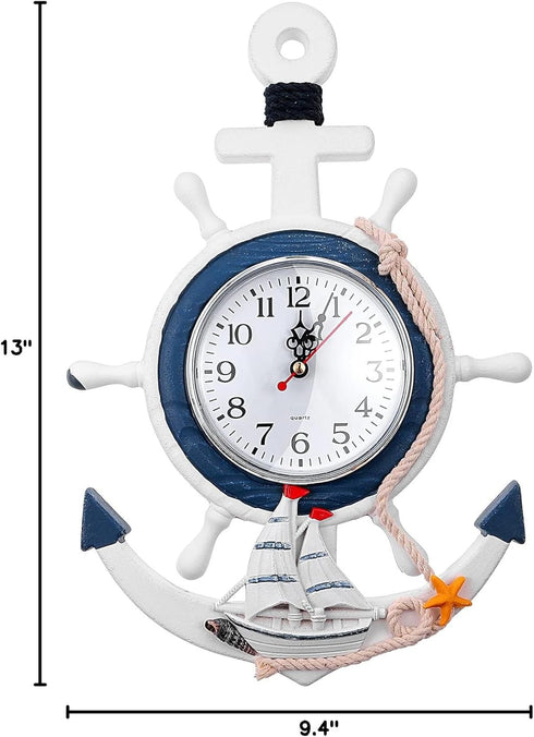 Sea Theme Nautical Anchor Steering Wheel Fishing Net Wall Clock Suit for Hanging Decoration Ornament Shelf Stand Wall Mounted...