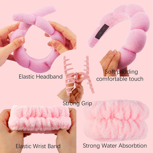 4pcs Face Wash Headband and Wristband Set Pink Wrist Bands for Washing Face Sponge Makeup Headband Puffy Skincare Head Band Terry Cloth Spa Hairba...