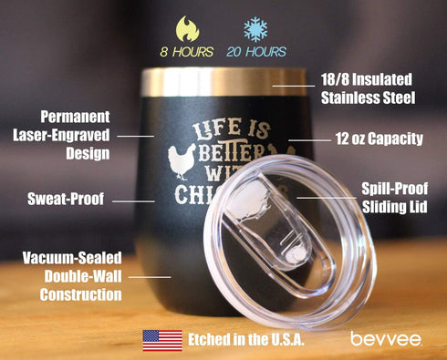 Life is Better with Chickens - Chicken Wine Tumbler with Sliding Lid - Stemless Stainless Steel Insulated Cup - Funny Outdoor Camping Mug - Black...