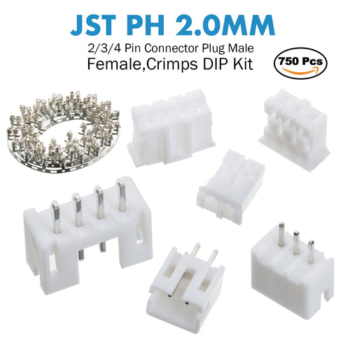 JST PH 2.0 mm Pitch 2-Pin/3-Pin/4-Pin JST Wiring Connecting IC Male Plugs, Female Sockets Housing and T-Shaped Crimp Terminal Kit. 150 Sets/750 Pi...
