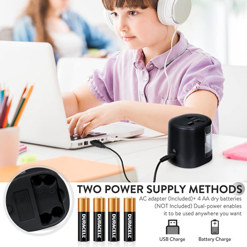 Eagle Electric Pencil Sharpener, Battery or USB Operated, Dual Holes, Dual Blades, fit for Pencils of Size 6-8mm and 9-12mm (Black)...