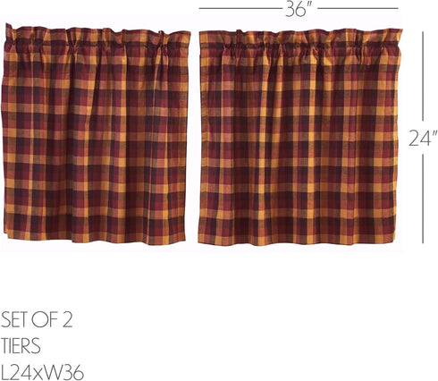 VHC Brands Primitive Kitchen Window Curtains-Heritage Farms Tier Pair, L24 x W36, Deep Burgundy Red...