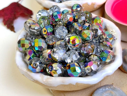 Set of Czech Glass Fire Polished Beads in Crystal Vitrail Color for Making Jewelry and Crafts - Different Sizes 3 mm, 4 mm, 6 mm, 8 mm. Total 275 ...