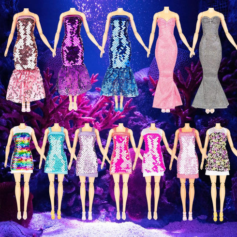 Glitter Sequin Mermaid Doll Clothes and Accessories - 12 Sequin Sparkly Glitter Party Club Dress, 2 Different Crown Ornament and 3 Beautiful Neckl...
