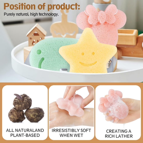 Konjac Baby Bath Sponge for Bathing, Classic Shapes Natural Bath Sponges for Infants, Toddler, Newborns, Natural and Safe Plant-Based Konjac Baby ...
