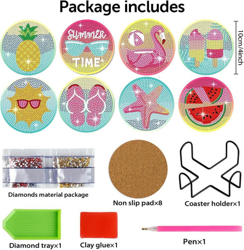 Leatrice 8 Pcs Holiday Diamond Painting Coasters with Holder Cork Base Metal Holder Round Stone Drink mat Gift for Christmas Housewarming Room Bar...