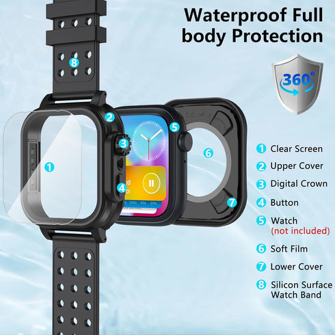 Hensinple IP68 Waterproof Case and Band for Apple Watch Series 9 8 7 41mm with Screen Protector, 360 Protective Hard PC Shockproof Bumper Heavy Du...
