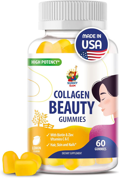 Beauty Collagen Gummies for Women & Men - 60 Chewable Vitamins, 30-Day Supply - Enhanced Hair Skin and Nails Gummies - 2500mcg Biotin, Vitamin A, ...