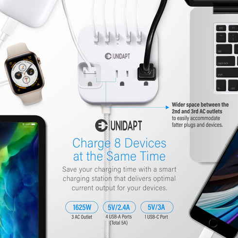 European Plug Adapter, Unidapt US to UK Europe Power Strip for EU/UK/US with USB C and 4 USB Ports, 3 AC Outlets, Wall Mountable, 5ft Extension Co...