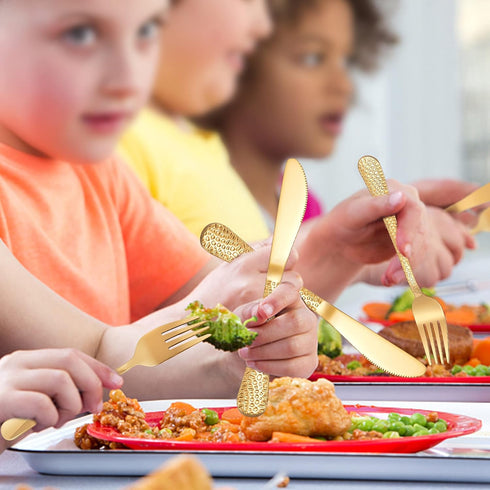 LIANYU 12-Piece Kids Gold Silverware Set, Stainless Steel Toddler Utensils, Hammered Metal Preschooler Flatware Cutlery Set, Children Tableware In...