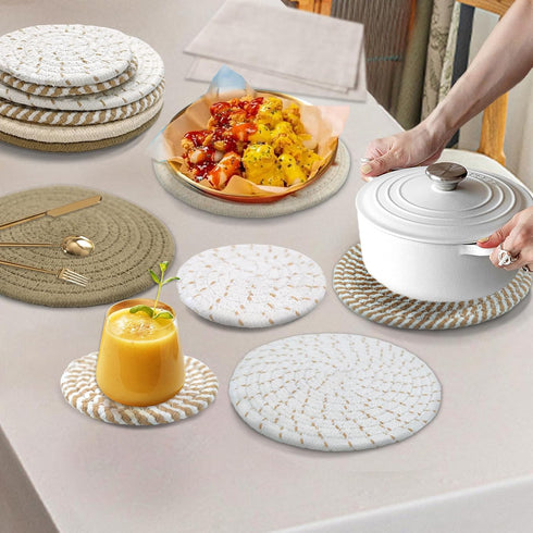 Trivets for Hot Dishes, 7" Trivets for Hot Pots and Pans Pot Holders for Kitchen, 4.3" Coasters Cotton Weave Mat Heat Resistant, Hot Plate Mats fo...