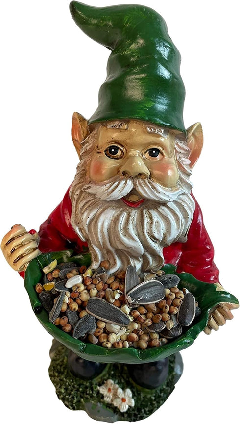 Garden Gnome Outdoor Statue with Bird Feeder (Green Leaf)...