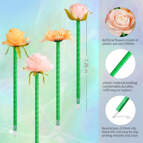 Flower Pens, 15 Pieces Valentine Artificial Rose Pens Mixed Floral Pens Gel Ink Pens Ballpoint Pen with for Birthday Party Wedding Mother Girlfrie...