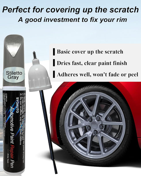 SYOAUTO Stiletto Gray Rim Touch Up Paint For Tesla Model 3 18" Aero Wheel Touch Up Paint Pen Tip and Brush 2 in 1 Rim Scratch Repair Wheel Curb Ra...