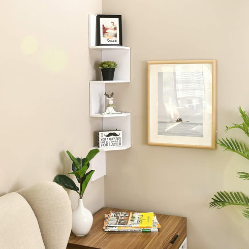 WELLAND Zig - Zag Floating Corner Shelves, 4-Tier Wall Mounted Storage Shelf with White Finish for Bedroom, Living Room, Bathroom, Display Shelf f...