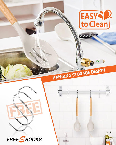 Large Silicone Cooking Spoons, 2 Pack Nonstick Solid and Slotted Wooden handle Spoon Set, Heat Resistan Silicone Kitchen Spoons for Cooking, Servi...