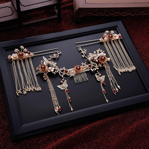 Women Gold Butterfly Hair Comb Traditional Chinese Wedding Headdress Accessories Red Pearl Stick Head Jewelry Bridal Headpiece...