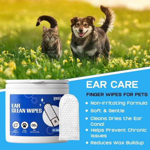 Ear Cleaner Finger Wipes, Dog/Cat Ear Cleaner Wipes Grooming Kit Care to Stop Ear Itching, Gentle Safe, Convenient Finger Wipes - 50 Count...