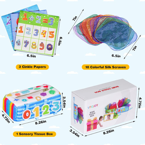 Baby Tissue Box Toy, Soft Montessori Tissue Box Baby Toys 6 to 12 Months, High Contrast Crinkle Paper Sensory Silk Scarves Toys for 1 Year Old Boy...
