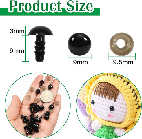 TOAOB 150pcs 9mm Black Plastic Safety Eyes Crafts Safety Eyes with 150pcs Washers for Stuffed Animals Amigurumis Crochet Bears Doll Making...