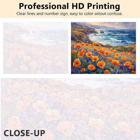 Rebotipy Flowers Paint by Numbers for Adults A Field of Poppies on The Coast Paint by Number on Canvas Without Frame,DIY Oil Painting for Gift Hom...