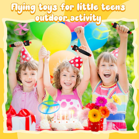 Flying Disc Helicopter Toy Disco Flyers Include 12 String Launchers and 24 Flying Saucer Flying Disc Launcher Toy Flying Toys for Little Teens Out...
