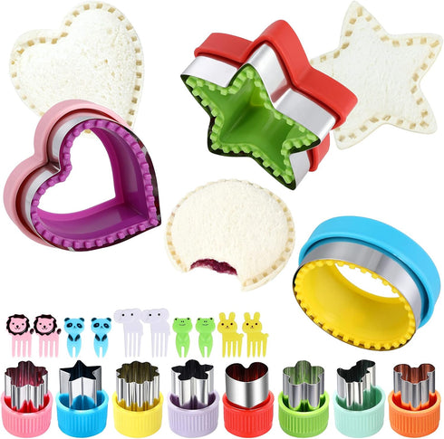 Sandwich Cutter and Sealer,Round Heart Star 3Pcs Shapes Sandwich Decruster Press Mold+8pcs Stainless Steel Mini Vegetable Cookie Cutters,Bread San...