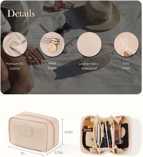 Pocmimut Makeup Bag,PU Leather Travel Makeup Bag,Open Flat Makeup Pouch for Women Purse for Travel Accessories(Begie)...