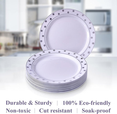 Silver Spoons Disposable Plates For Party - (20 Piece) Heavy Duty Disposable Dinner Set 7.5” , Fine Dining Plastic Dishes For Elegant China Look, ...