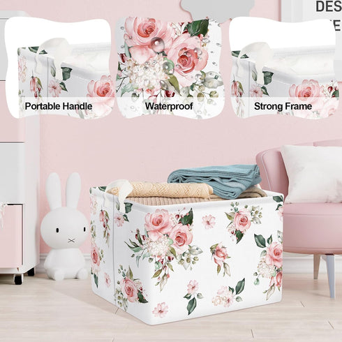 Clastyle Rectangle Rose Floral Baby Girl Gift Basket Outdoor Towel Storage Pool Toy Beach Blanket Basket Pink Flower Shelf Basket for Clothes Toy ...
