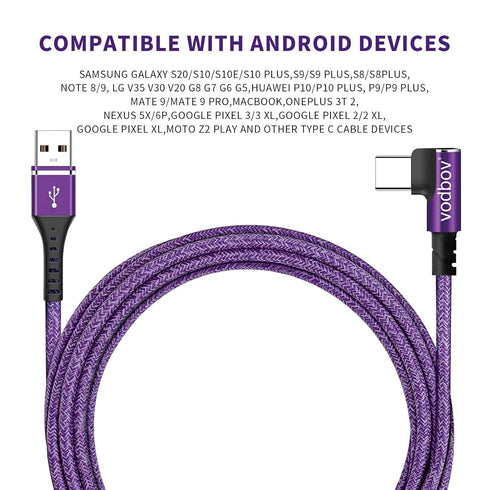 USB-C Cable 3-Pack 1ft 3ft 6ft Right Angle USB to USB-C 90 Degree Braided Data Sync Transfer Cord Purple...