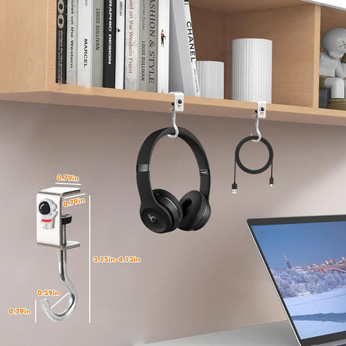 Desk Hooks, 2 Pieces Nail Free Storage Hook, Space Organizer Headset Stand, Under Desk Hook Mount, Rust Resistant Table Hook, Student Work Desk St...