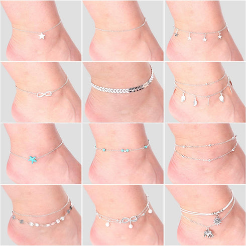 Hicarer 25 Pcs Silver Ankle Bracelets for Women Silver Anklets Ankle Chains Adjustable Beach Anklets Boho Foot Jewelry Set for Women Girls Party F...
