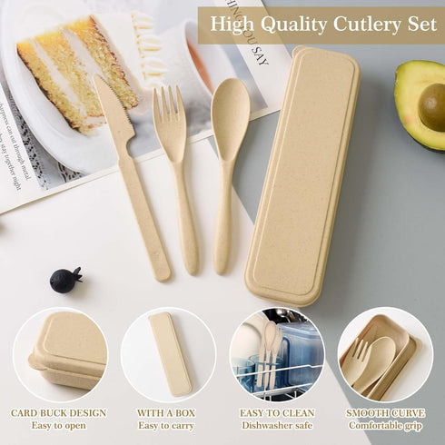 4 Pack Travel Utensil Set with Case, Wheat Straw Reusable Spoon Knife Forks Tableware, Portable Cutlery for Adult Travel Picnic Camping or Birthda...