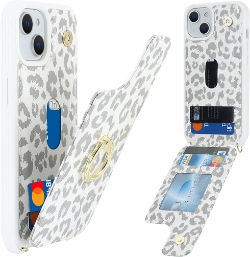for iPhone 15 Case with Card Holder and Strap for Women,Crossbody Lanyard,Ring Stand,Snap Clasp,Cute Phone Wallet Cases 6.1 inch(White Leopard)......