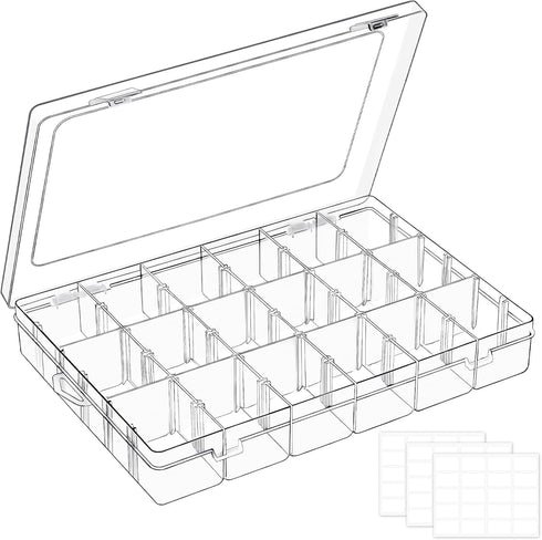 18 Grids Large Plastic Organizer Box with Adjustable Dividers, Clear Compartment Storage Container Tackle Box with Label Stickers for Beads, Craft...