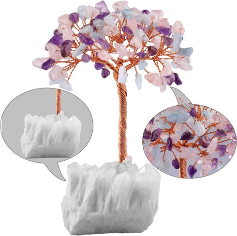 mookaitedecor Amethyst & Rose Quartz & Aquamarine Crystal Tree on Rock Crystal Cluster Stone Base Money Tree of Life for Good Luck Table Decoratio...
