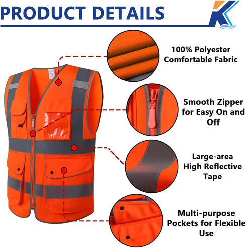 9 Pockets Safety Vest Class 2 High Visibility Reflective Vest for Women Men Security Wear Meets ANSI/ISEA Standards(KZC-Orange, 2XL)...