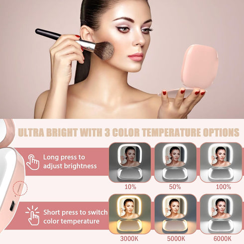 MY BEAUTY LIGHT Compact Mirror, Lighted 1X/3X Magnifying 2-Sided Travel Makeup Mirror, Portable Bright Pocket Mirror for Handbag and Purse, USB Ch...