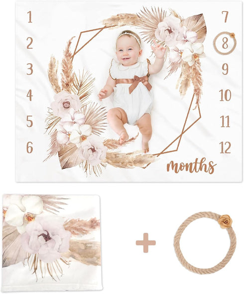 Boho Baby Milestone Monthly Blanket Spring Floral Neutral Baby Nursery Growth Gender Reveal Present Photo Props Little Boy Girl Bohemian Blanket E...