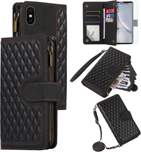 Asuwish Phone Case for iPhone Xs X 10 10s Wallet Cover with Tempered Glass Screen Protector and Wrist Strap Flip Zipper Card Holder Cell iPhoneX i...