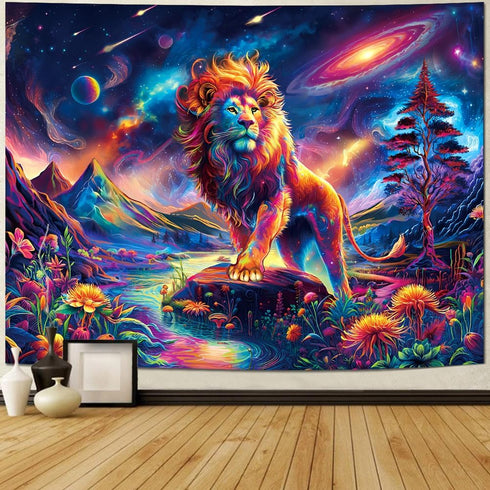Blacklight Lion Tapestry Trippy Galaxy Space Tapestry UV Reactive Mountain Tapestry Hippie Neon Flowers Plants Wall Tapestry Magic River Landscape...