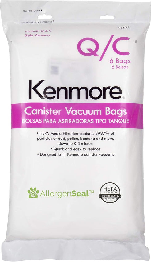 Kenmore 53292 Type Q HEPA Replacement Dust Bags for Canister Vacuum 81214, 81414, 81714, 21814, BC2005, BC3005, 81615, BC7005, 6 Count (Pack of 1)...
