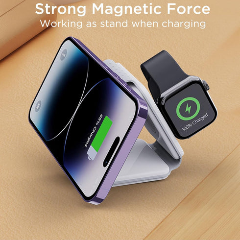 3 in 1 Charging Station for Apple Devices, Compatible with MagSafe Wireless Charger Pad for iPhone 15/14/13/12 Series, Travel Wireless Charger for...